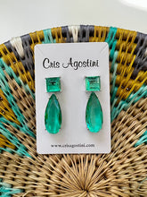 Load image into Gallery viewer, Green crystal drop square base earrings
