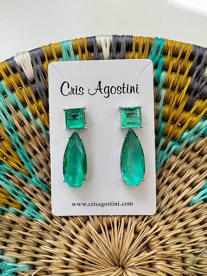 Green crystal drop square base earrings