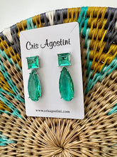 Load image into Gallery viewer, Green crystal drop square base earrings
