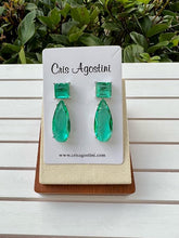 Load image into Gallery viewer, Green crystal drop square base earrings
