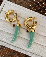 Load image into Gallery viewer, Chubby hoop with saber tooth pendant earrings
