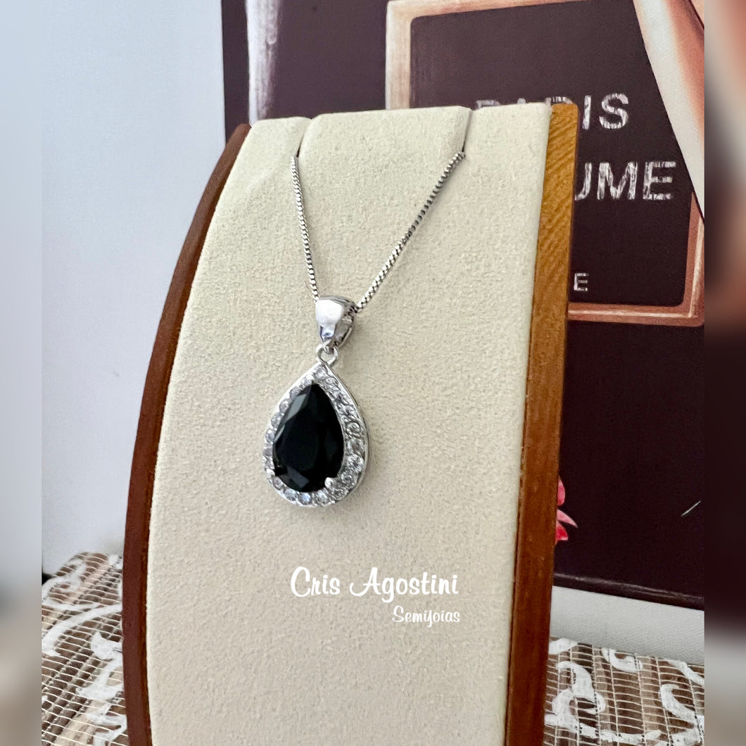 black drop zirconia rhodium necklace