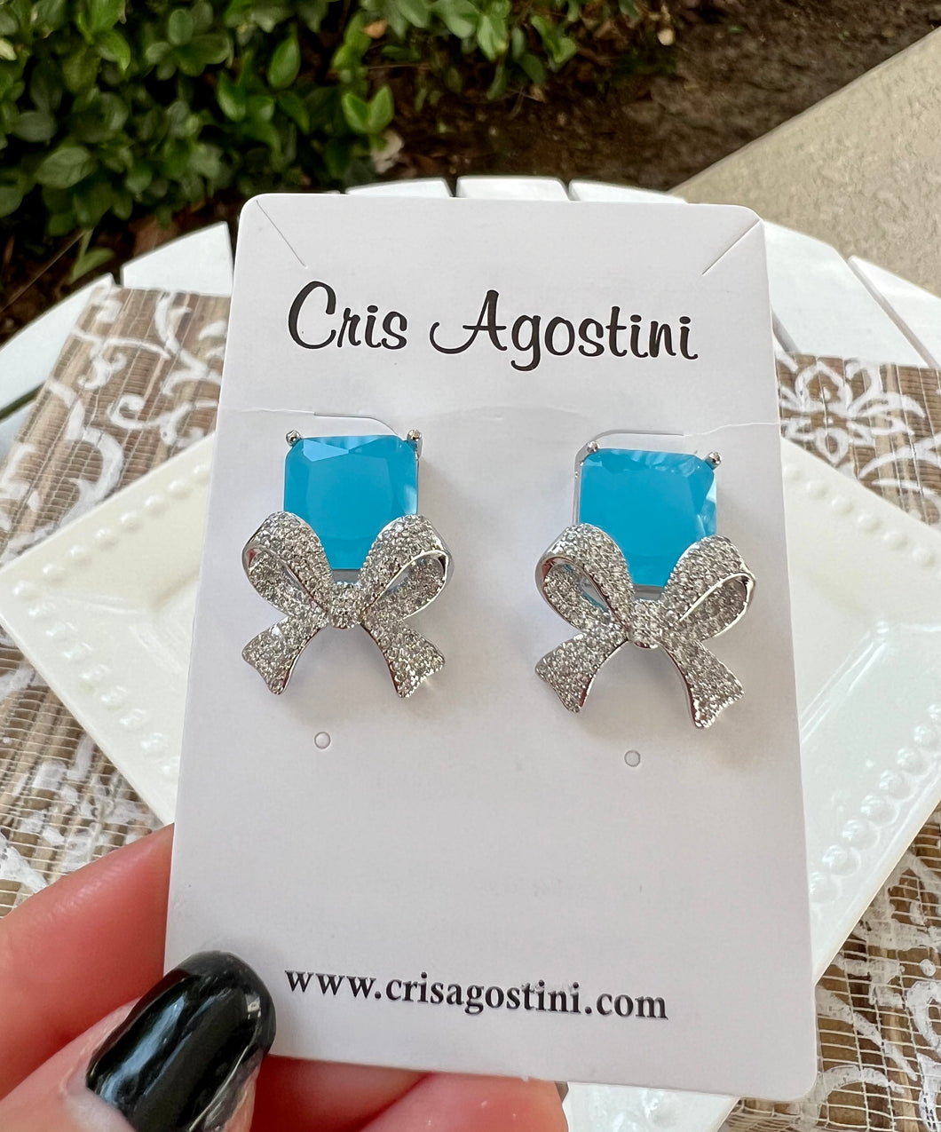 Studded bow square stone earrings