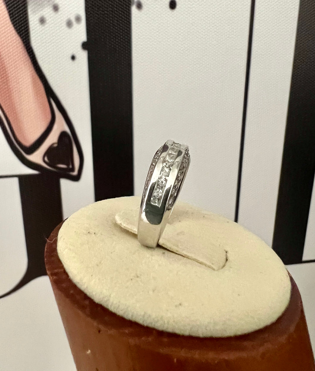 Rhodium sides and top studded zirconia ring