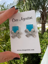 Load image into Gallery viewer, Studded bow square stone earrings
