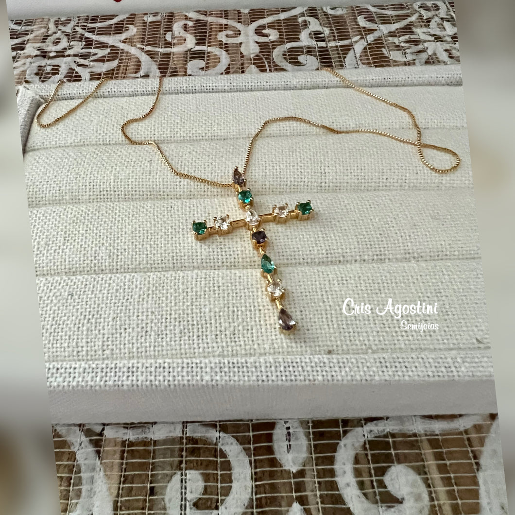 colorful zirconia crucifix necklace