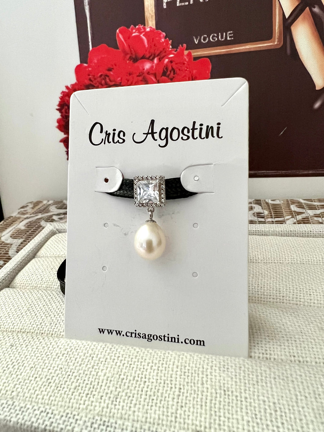 zirconia and pearl leather choker necklace