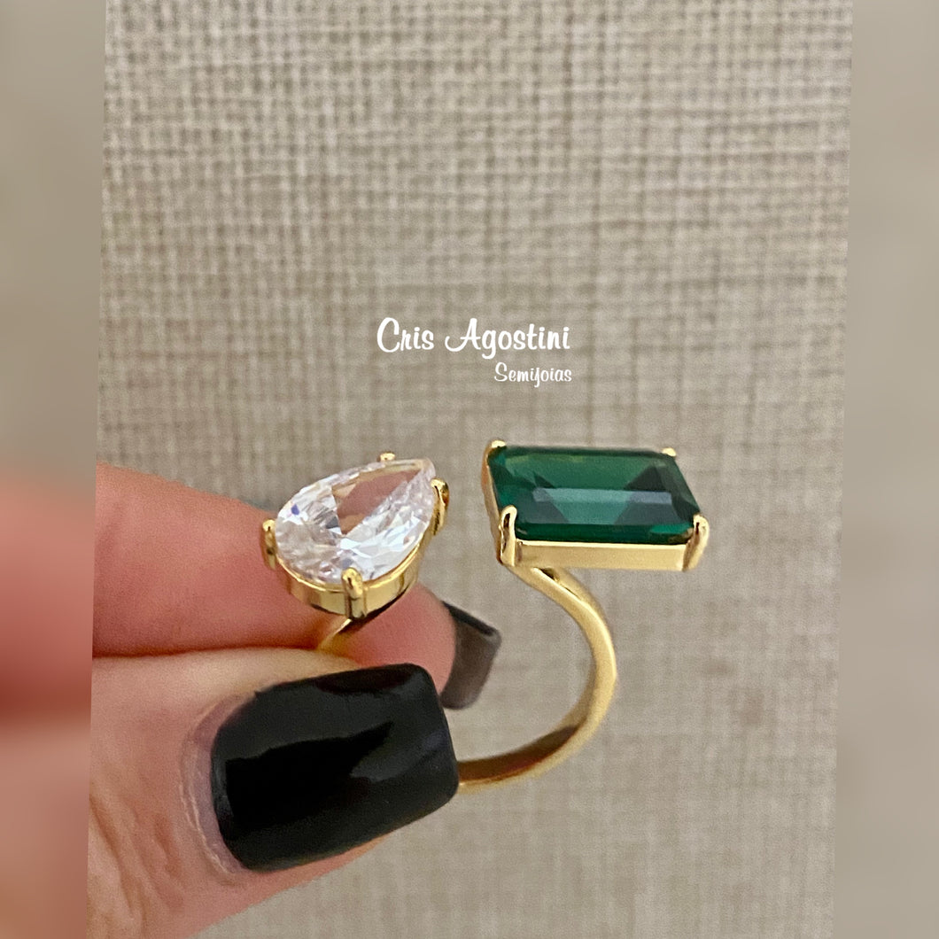 Drop and square crystal adjustable ring