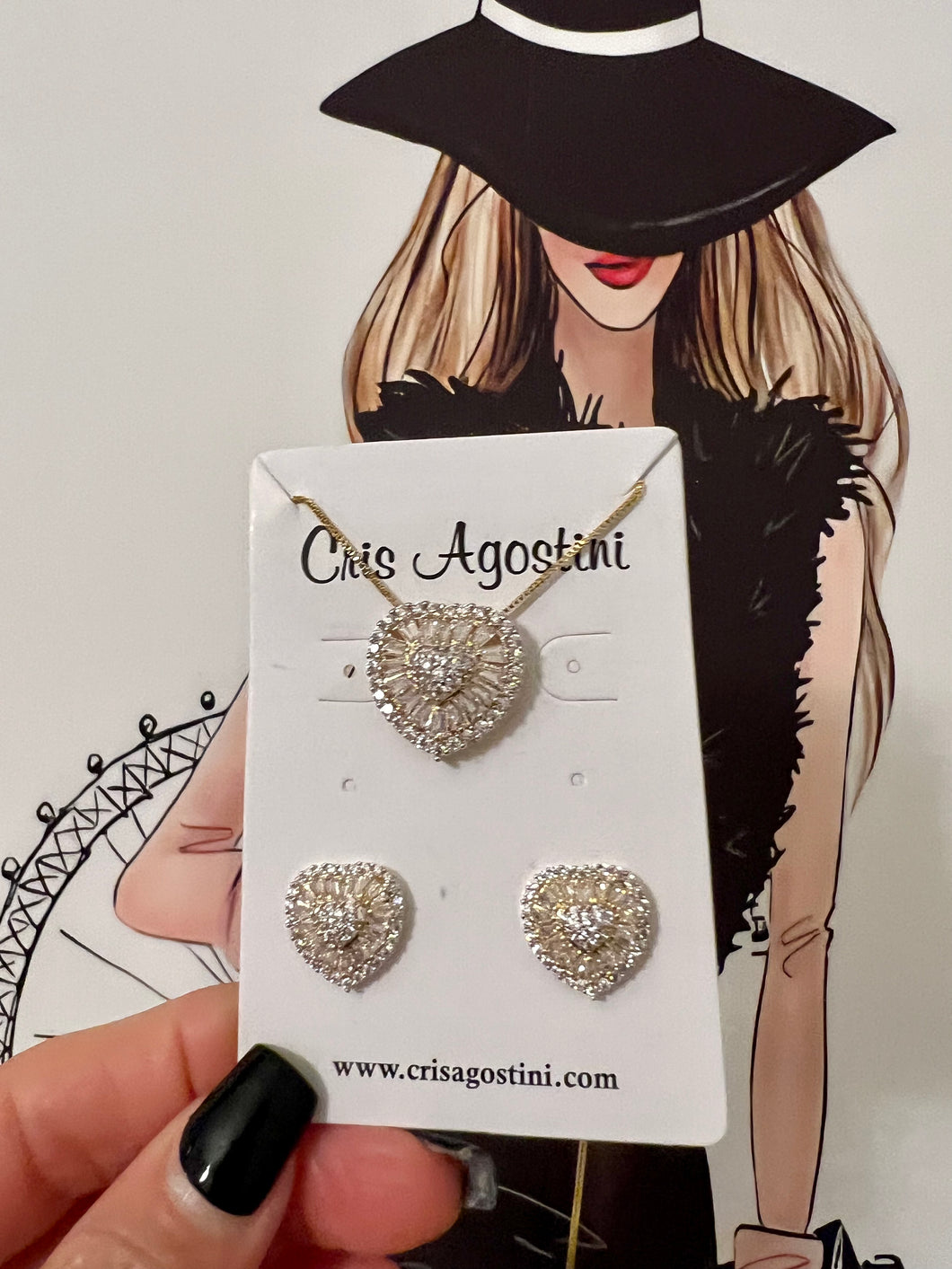 Clear baguette cz heart set